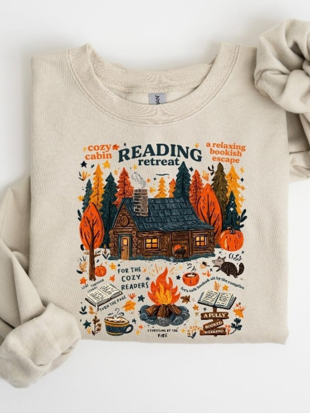 Gildan Sand  'Reading Retreat' Cabin Graphic Sweatshirt XL Bookish